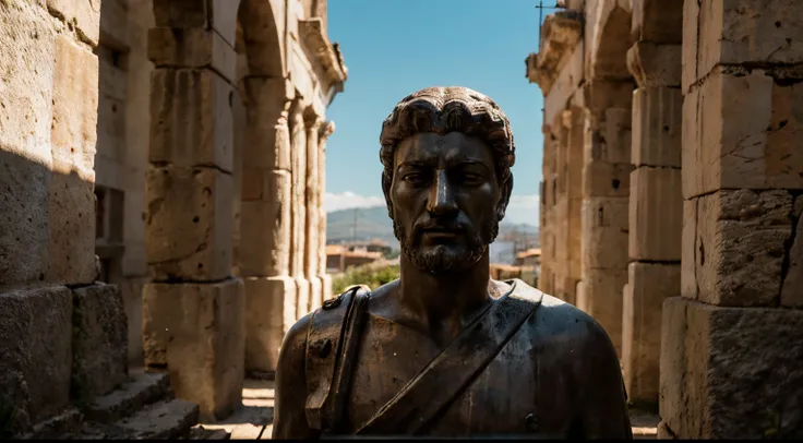 Ancient Stoic Statue With Very Angry Expression, tem barba, muitos detalhes em ambos os olhos, Outside, fundo atenas grego, open sky, com rosto extremamente detalhado full body view, Colors with low saturation with dark tone, Filmado em Sony A7S III com So...