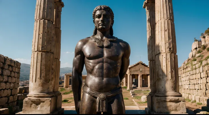 Ancient Stoic Statue With Very Angry Expression, tem barba, muitos detalhes em ambos os olhos, Outside, fundo atenas grego, open sky, com rosto extremamente detalhado full body view, Colors with low saturation with dark tone, Filmado em Sony A7S III com So...