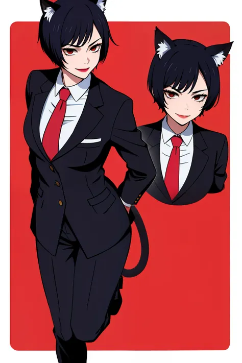 Cute girl, short hair, wearing a formal suit, Tie, big chest, sexy, lipstick, Smiling face, beautiful eyes, black hair, Hair neat and combed, red (X) behind she, Combat stance,X, Cat ears, cat collar, cat tail, cat,meow, full body