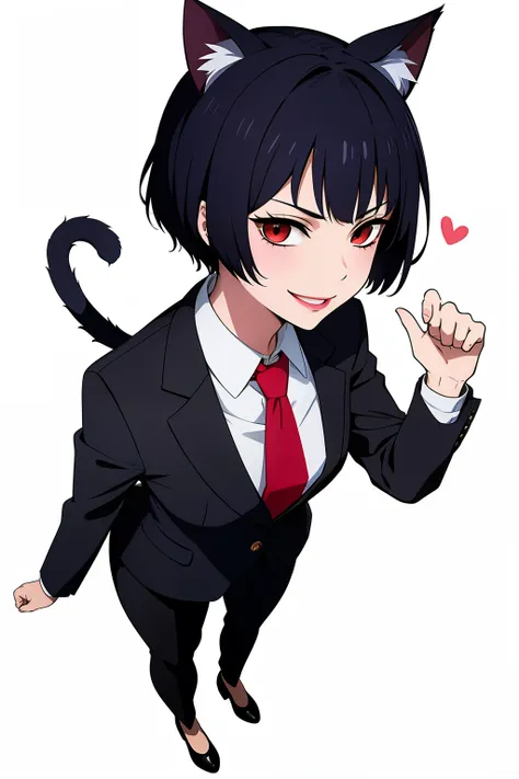 Cute girl, short hair, wearing a formal suit, Tie, big chest, sexy, lipstick, Smiling face, beautiful eyes, black hair, Hair neat and combed, red (X) behind she, Combat stance,X, Cat ears, cat collar, cat tail, cat,meow, full body