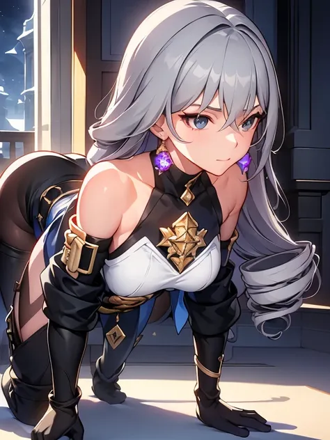 pH Armor, 1girl, solo, Jewelry, earings, Long hair, gray hairs, Bangs, drill hair, bare shoulders, gray eyes, thigh boots, thights, thights, Hair between the eyes, knee boots, elbow gloves,Sleeveless, black gloves, twin drills, belt, leggins, whitedress, p...