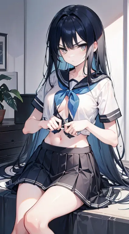 Blue gray black long hair，Oblique hair curtains，Hair scattered around the waist，Black short sleeve sailor school uniform and skirt，Fair skin，light blue-yellow eyes，Innocent eyes，pouting angrily，Holding a pair of small scissors in hand to cut hair，girl，Colo...