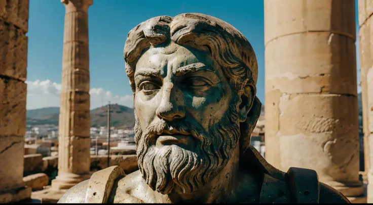 Ancient Stoic Statue With Very Angry Expression, tem barba, muitos detalhes em ambos os olhos, Outside, fundo atenas grego, open sky, com rosto extremamente detalhado full body view, Colors with low saturation with dark tone, Filmado em Sony A7S III com So...