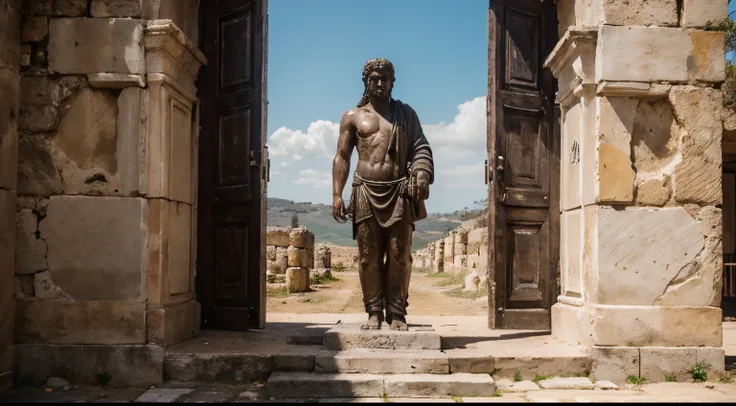 Ancient Stoic Statue With Very Angry Expression, tem barba, muitos detalhes em ambos os olhos, Outside, fundo atenas grego, open sky, com rosto extremamente detalhado full body view, Colors with low saturation with dark tone, Filmado em Sony A7S III com So...