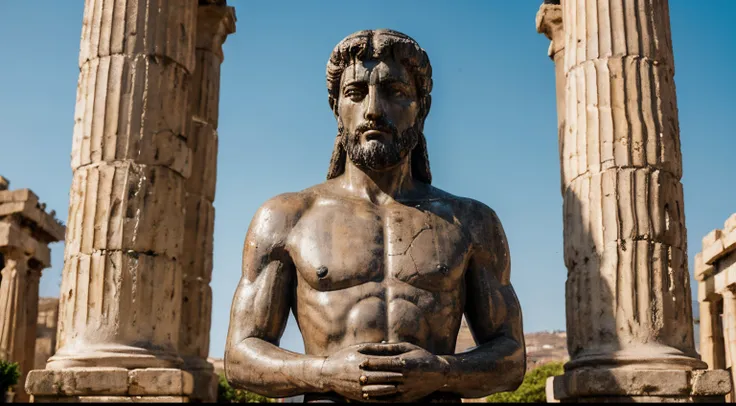 Ancient Stoic Statue With Very Angry Expression, tem barba, muitos detalhes em ambos os olhos, Outside, fundo atenas grego, open sky, com rosto extremamente detalhado full body view, Colors with low saturation with dark tone, Filmado em Sony A7S III com So...