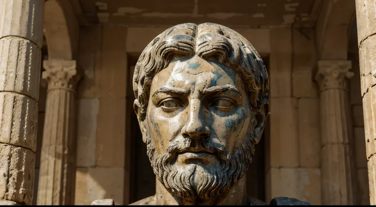 Ancient Stoic Statue With Very Angry Expression, tem barba, muitos detalhes em ambos os olhos, Outside, fundo atenas grego, open sky, com rosto extremamente detalhado full body view, Colors with low saturation with dark tone, Filmado em Sony A7S III com So...