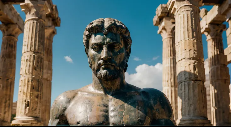 Ancient Stoic Statue With Very Angry Expression, tem barba, muitos detalhes em ambos os olhos, Outside, fundo atenas grego, open sky, com rosto extremamente detalhado full body view, Colors with low saturation with dark tone, Filmado em Sony A7S III com So...