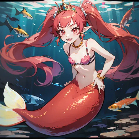 Pretty 15 years old princess magically transformed into a beautiful mermaid, race swap, none human, fish like, long mermaid tail below waistline, pointy ears, red fish scales on skin, drawn in anime style, very long pigtails red hair, sharp teeth, is smili...