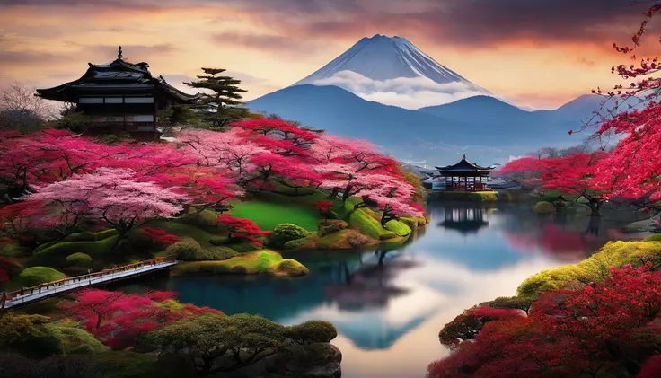 Paysage japonais traditionnel: Use an image representing a traditional Japanese landscape, comme un jardin zen, des montagnes ou des cerisiers en fleurs. Cela pourrait evoquer the deep connection of Musashi with nature and spirituality.