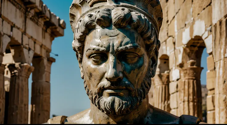 Ancient Stoic Statue With Very Angry Expression, tem barba, muitos detalhes em ambos os olhos, Outside, fundo atenas grego, open sky, com rosto extremamente detalhado full body view, Colors with low saturation with dark tone, Filmado em Sony A7S III com So...