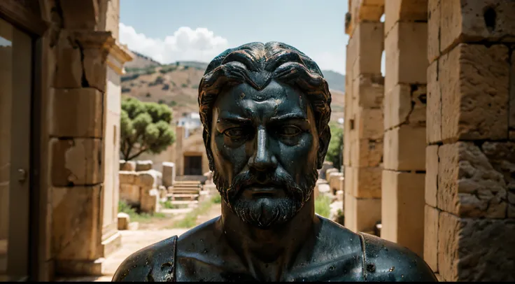 Ancient Stoic Statue With Very Angry Expression, tem barba, muitos detalhes em ambos os olhos, Outside, fundo atenas grego, open sky, com rosto extremamente detalhado full body view, Colors with low saturation with dark tone, Filmado em Sony A7S III com So...