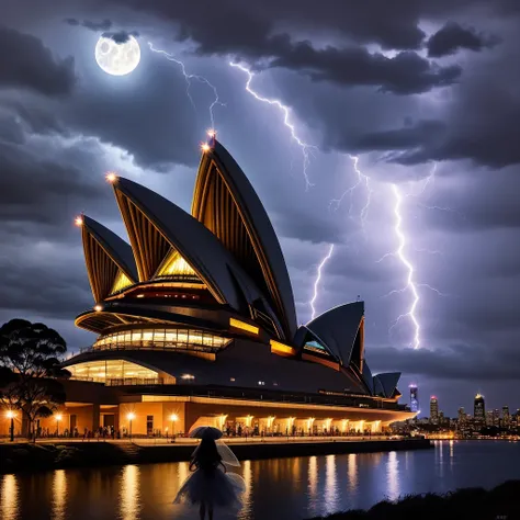 It is night in Sydney and it is raining heavily at the Opera House with lightning and thunder suddenly a fairy comes out of the sky among the moon