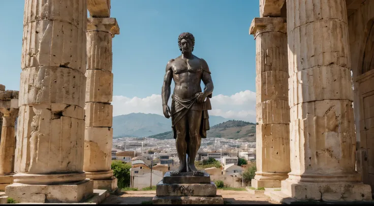 Ancient Stoic Statue With Very Angry Expression, tem barba, muitos detalhes em ambos os olhos, Outside, fundo atenas grego, open sky, com rosto extremamente detalhado full body view, Colors with low saturation with dark tone, Filmado em Sony A7S III com So...