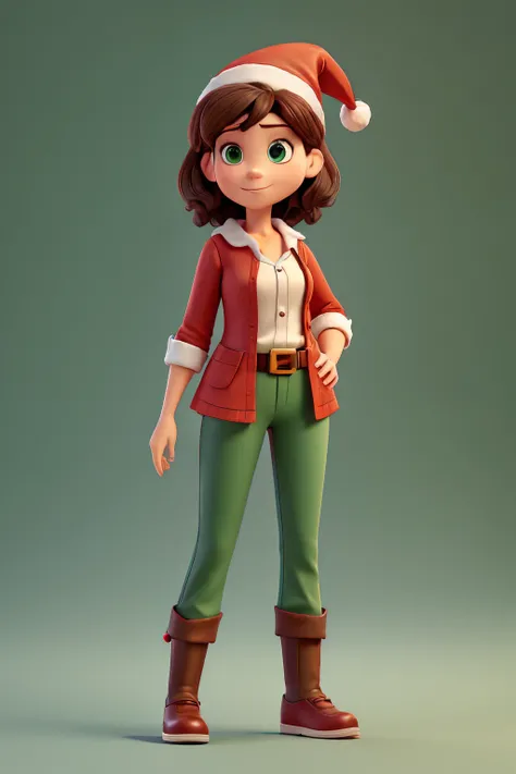 Create a 30-year-old woman, short dark hair, green eyes, Disney Pixar style, full body, red blouse, red pants, black shoes, dressed as Santa Claus, with a Christmas paper hat.