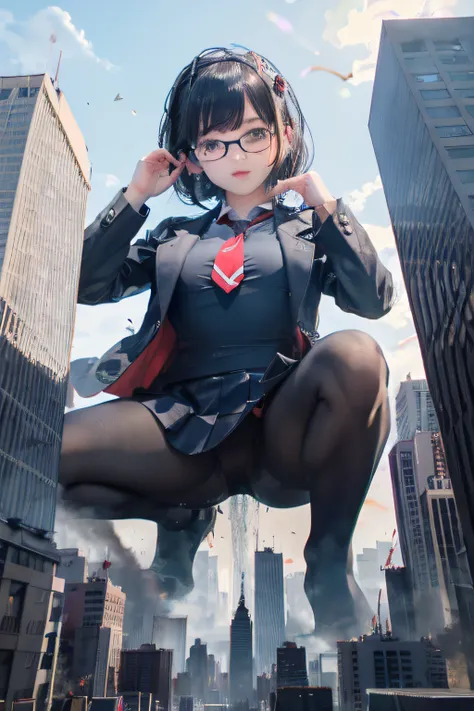 giantess art, a hyperrealistic schoolgirl, , highly detailed giantess shot, der riese, Shorthair, Black pantyhose, Giant high school girl much bigger than a skyscraper。Wearing rimless glasses。Colossal tits。Navy blue blazer、Red tie、Mini Length Skirt、Black p...