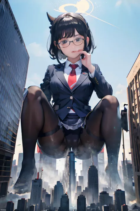 giantess art, a hyperrealistic schoolgirl, , highly detailed giantess shot, der riese, Shorthair, Black pantyhose, Giant high school girl much bigger than a skyscraper。Wearing rimless glasses。Colossal tits。Navy blue blazer、Red tie、Mini Length Skirt、Black p...