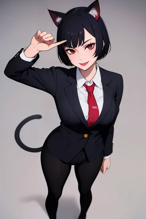 Cute girl, short hair, wearing a formal suit, Tie, big chest, sexy, lipstick, Smiling face, beautiful eyes, black hair, Hair neat and combed, red (X) behind she, Combat stance,X, Cat ears, cat collar, cat tail, cat,meow, full body, Tail from the backside,