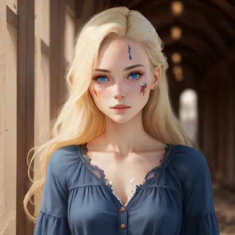 Blonde woman with blue eyes and many scars