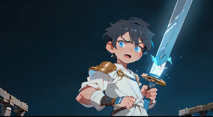 ((Duel scene)), 1boy, with ancient greek white tunic,  with light greek armour,  ((with short black hair)), with beautiful face, (with beautiful blue eyes), ((with ancient sword)) with raging look, with open mouth, tense atmosphere, ((night time)), moonlig...