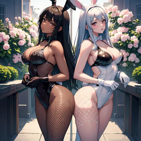 2 girls, 1 Bunny girl with Brown skin, thicc body, and wearing a Black bunny suit with fishnets together with another bunny girl, slender Caucasian body, and wearing a white bunny suit with fishnets, (best quality, 4k, highres, masterpiece: 1.2), ultra-det...