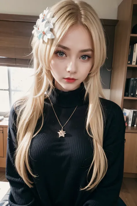 1girl, black undershirt, black sweater top, blonde hair, blue eyes, book, Book Stack, closed mouth, earings, headrest, Jewelry, Long hair, long sleeves, looking a viewer, necklace, Open Workbook, red-lips, Shirt, 独奏, upper-body, Weibo username, white color...