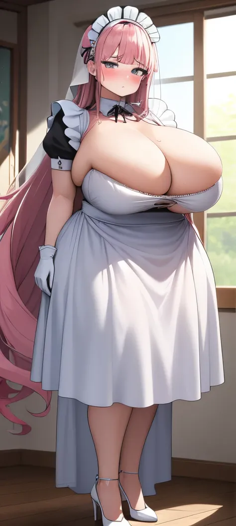 realistic, 1girl, pink hair, very long hair, wear bride veil, straight hair, blunt bangs, (beautiful eyes), blush, ((((white maid dress, fully clothed)))), ((big breast)), maid headband, white hand gloves, high heels, ribbon, night, indoor, staring at view...