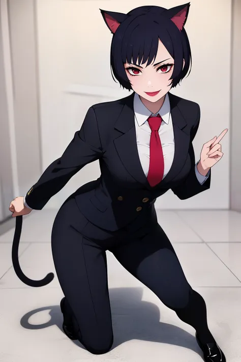 Cute girl, short hair, wearing a formal suit, Tie, big chest, sexy, lipstick, Smiling face, beautiful eyes, black hair, Hair neat and combed, red (X) behind she, Combat stance,X, Cat ears, cat collar, cat tail, cat,meow, full body,