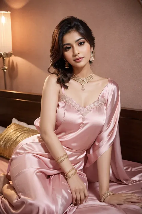 Indian fair skinned married woman wearing a satin dark pink nighty, seductive image