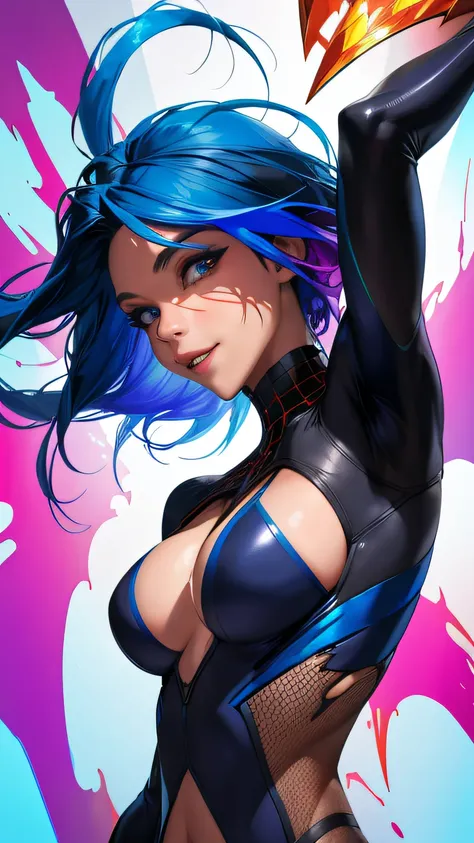 (best quality, masterpiece, colorful, dynamic angle, highest detailed) upper body photo, fashion photography of cute, blue hair with black highlights, torn spiderman suit,(ultrahigh resolution textures), in dynamic pose, bokeh, glowing web, (intricate deta...