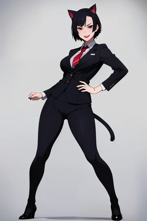 Cute girl, short hair, wearing a formal suit, Tie, big chest, sexy, lipstick, Smiling face, beautiful eyes, black hair, Hair neat and combed, red (X) behind she, Combat stance,X, Cat ears, cat collar, cat tail, cat,meow, full body,Draw hands better