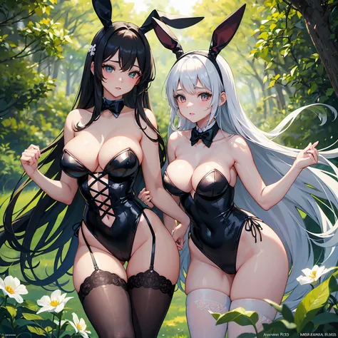 Two bunny girls posing in contrasting black and white bunny suits and fishnet stockings. The first bunny girl stands out with her brown skin, big boobs, and thicc body, while the second bunny girl enchants with her small boobs and thin body. The artwork is...