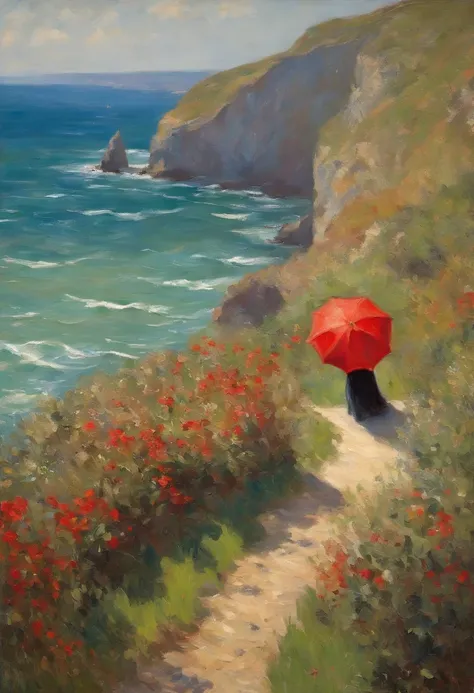 painting of a woman with a red umbrella on a cliff overlooking the ocean, an impressionist painting by Claude Monet, Tumblr, impressionism, monet painting, Direction: Claude Monet, near the coast, on the coast, near the sea, Claudius Monet), impressionist ...