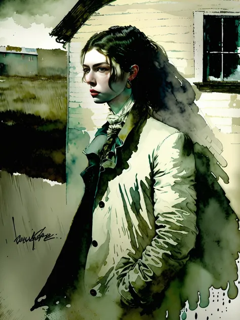 a portrait of amanda by andrew wyeth, watercolor, cool colors, deep colors, 18th century, aged