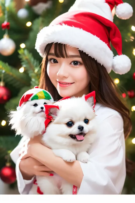 3D vector art、Girl holding a colorful cute white Pekingese dog、（The dog is wearing a Christmas hat and saluting,The collar has a bell、 cute christmas present）, Ultra-realistic high quality,  Cute and quirky, Fantasy Art, Watercolor effect