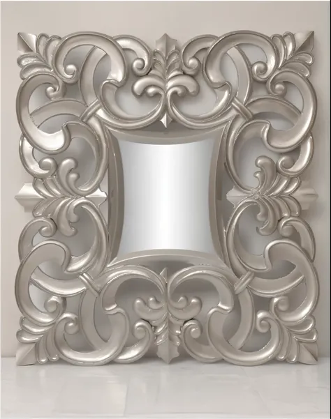 there is a silver mirror with a silver frame on a white table, mirror texture, mirrors, baroque, e621, abstract mirrors, baroque detailed, mirror background, mirror and glass surfaces, filigree frame, baroque element, h 576, mirror, art deco, baroque style...