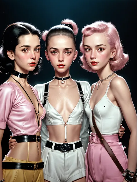 Norman Rockwell style illustration of three pretty, nubile, thin teen girls, from the waist up, with 50s style hair, wearing body harness straps, white collar, bare chests, exposed nipples,   puffy nipples    , glitter on chest, bare crotch, small breasts,...