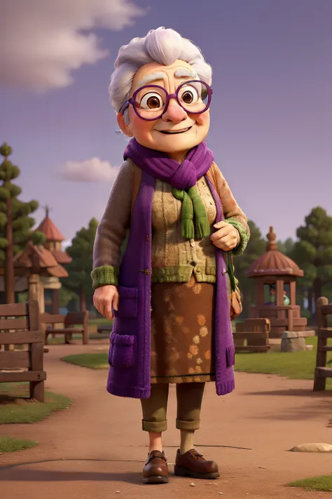 masterpiece, best quality, an old woman with glasses and a scarf on, wearing a purple coat and green scarf, standing at the park