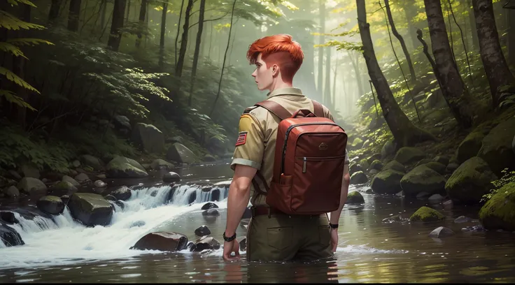 a young scout, 23 years old, with red hair, absentmindedly collecting water from the stream while being watched by a bear, in a dense forest