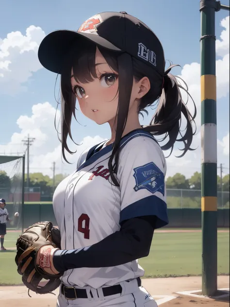 neocoill,  masterpiece, best quality, 1girl, baseball uniform, solo, baseball mitt, baseball cap, hat, baseball, sky, sportswear...