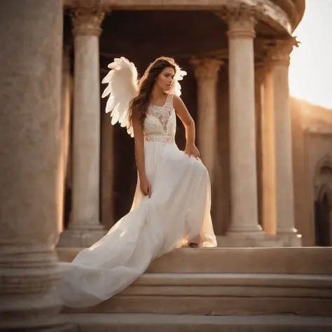 hyper realistic image of an angel in the center of the screen, sitting on a small Greek column, female, white and light Greek style dress, fabric fluttering in the air, large, white and raised wings, light coming from behind the wings, in the background a ...