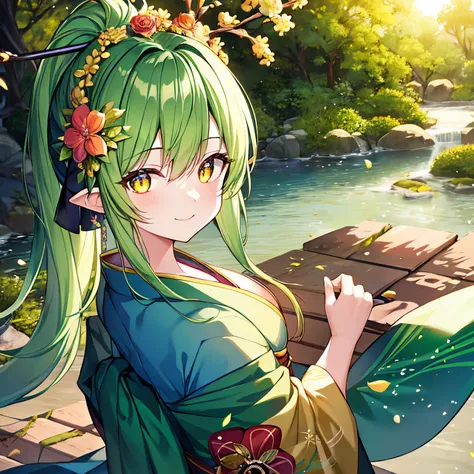 green hair, floating hair, tied hair, ponytail, jeweled branch of hourai, head wreath, flower on head, yellow eyes, pupils sparkling, flower-shaped pupils, pointy ears, smelling, smile, happy, anime, tachi-e, first-person view, UHD, masterpiece, ccurate, t...