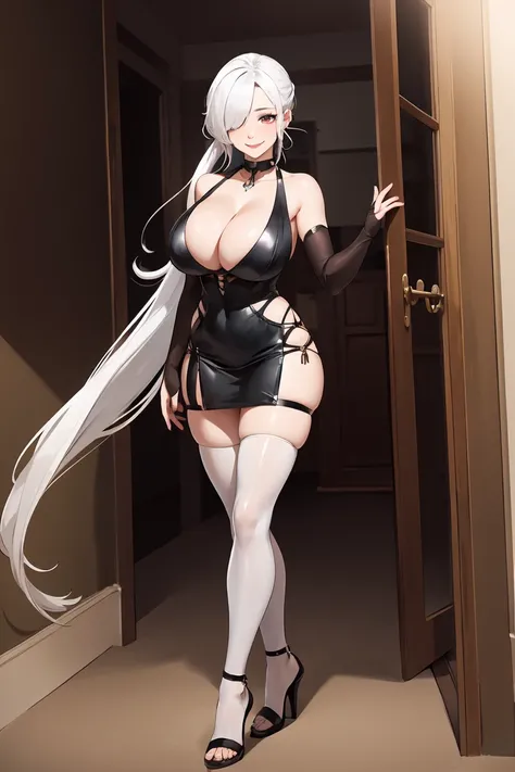 Highest image quality，high high quality，A mature woman，age 22，Huge cleavage，Nipple presentation，Metal heels，Black metal mech，Long white hair，hair covering one eye，ssmile，high ponytails