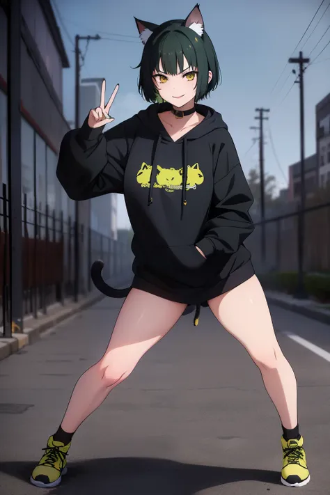 Cute girl, dark green hair, yellow eyes, short hair, cat ears, cat tail, cat collar, sexy ,beautiful eyes,Combat stance,cat,meow, full body,Draw hands better, Green hoodie, dark green hair, beautiful smile, Green hair, draw the hand well