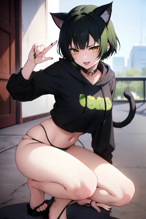 Cute girl, dark green hair, yellow eyes, short hair, cat ears, cat tail, cat collar, sexy ,beautiful eyes,Combat stance,cat,meow, full body,Draw hands better, Green hoodie, dark green hair, beautiful smile, Green hair, draw the hand well, Lifting her ass, ...