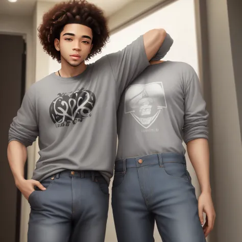 Light skin guy with curly hair wearing baggy jeans and a gray shirt