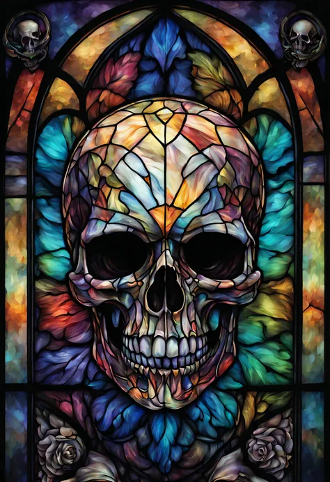 a realistic colored stained glass windows skull, beautiful and detailed. which explodes when falling to the ground, the projecti...