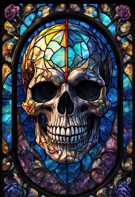 a realistic colored stained glass windows skull, beautiful and detailed. which explodes when falling to the ground, the projecti...