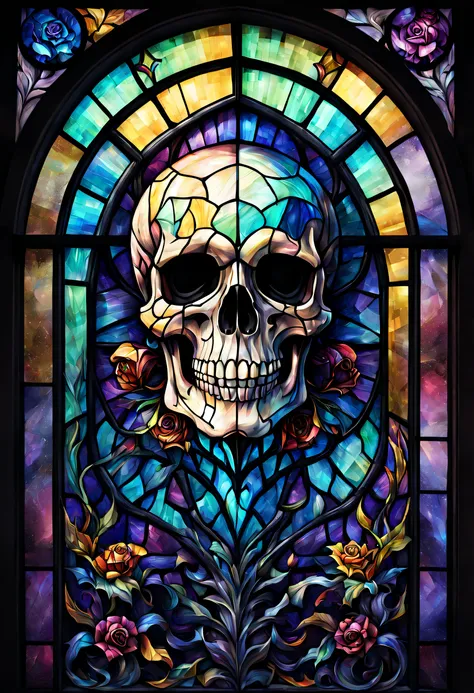 A realistic colored stained glass windows skull, beautiful and detailed. Which explodes when falling to the ground, the projections are textured like colorful dust