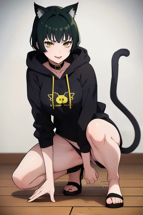 Cute girl, dark green hair, yellow eyes, short hair, cat ears, cat tail, cat collar, sexy ,beautiful eyes,Combat stance,cat,meow, full body,Draw hands better, Green hoodie, dark green hair, beautiful smile, Green hair, draw the hand well, Lifting her ass, ...