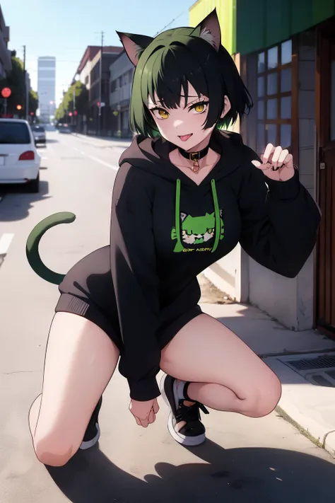 Cute girl, dark green hair, yellow eyes, short hair, cat ears, cat tail, cat collar, sexy ,beautiful eyes,Combat stance,cat,meow, full body,Draw hands better, Green hoodie, dark green hair, beautiful smile, Green hair, draw the hand well, Lifting her ass, ...